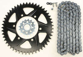 VORTEX sprocket and chain kit with black aluminum and steel components, 16/49T size, for motorcycle or bike drivetrain.
