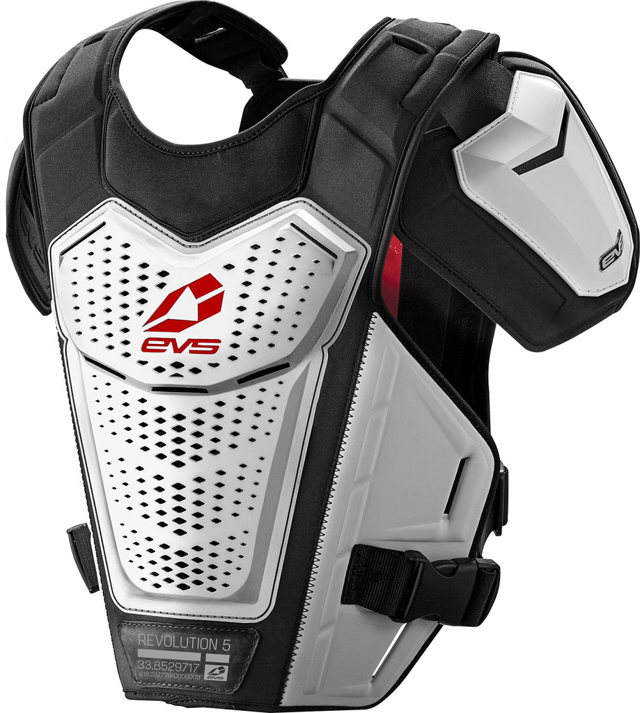 EVS Revo 5 Roost Guard in white, size small/medium, designed for motocross and dirt bike protection.
