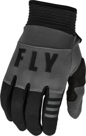 Fly Racing F-16 gloves in dark grey and black, medium size, showcasing lightweight, durable motorcycle riding gloves.