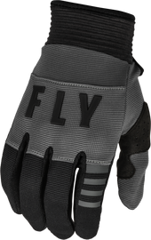 Fly Racing Youth F-16 gloves in dark grey and black, showing padded palms and adjustable wrist straps.