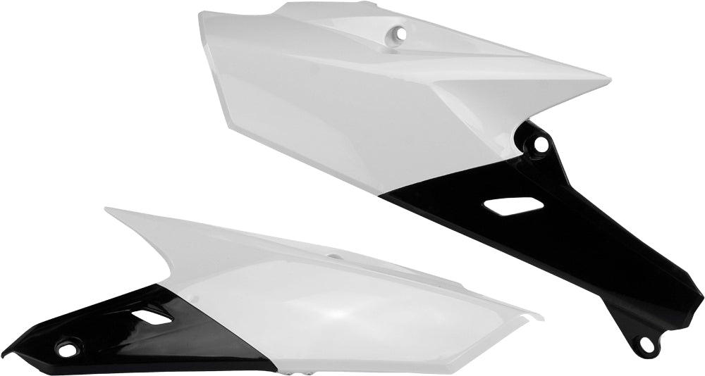Acerbis white and black side panels for motorcycle, showing sleek design and brand logo on durable plastic surface.