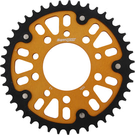 Supersprox rear stealth alloy steel 43-tooth motorcycle sprocket for on-road bikes, with gold and titanium finish, detailed teeth design