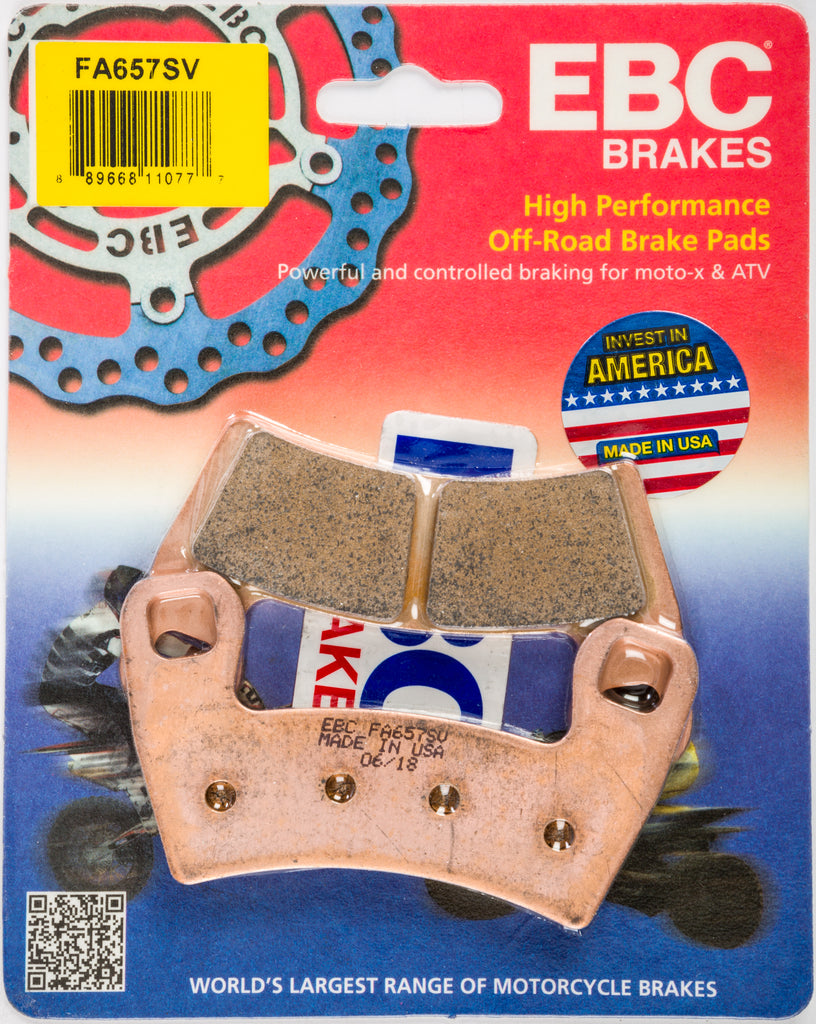 EBC Motorcycle Brakes Fa657sv Severe Duty SV Series brake pads showing metal backing and friction material for motorcycle braking system.