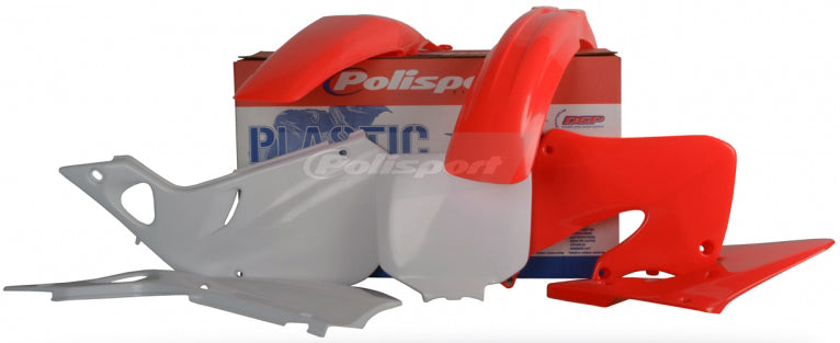 Polisport Plastics red plastic body kit, model 64-90080, installed on a motorcycle for enhanced style and protection.