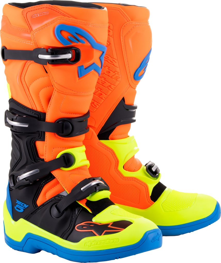 Alpine Star Tech 5 motorcycle boots in blue, orange, and yellow fluo with size 8, showing the sturdy design and vibrant color scheme.