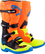Load image into Gallery viewer, Alpine Star Tech 5 motocross boots in blue, orange, and yellow fluo with size 14, featuring sturdy design and protective features.