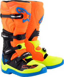 Alpine Star Tech 5 motocross boots in blue, orange, and yellow fluo with size 14, featuring sturdy design and protective features.