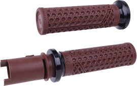 ODI Grips Van'S Lock-On grips in brown and black for motocross bikes, with textured rubber surface and locking mechanism.