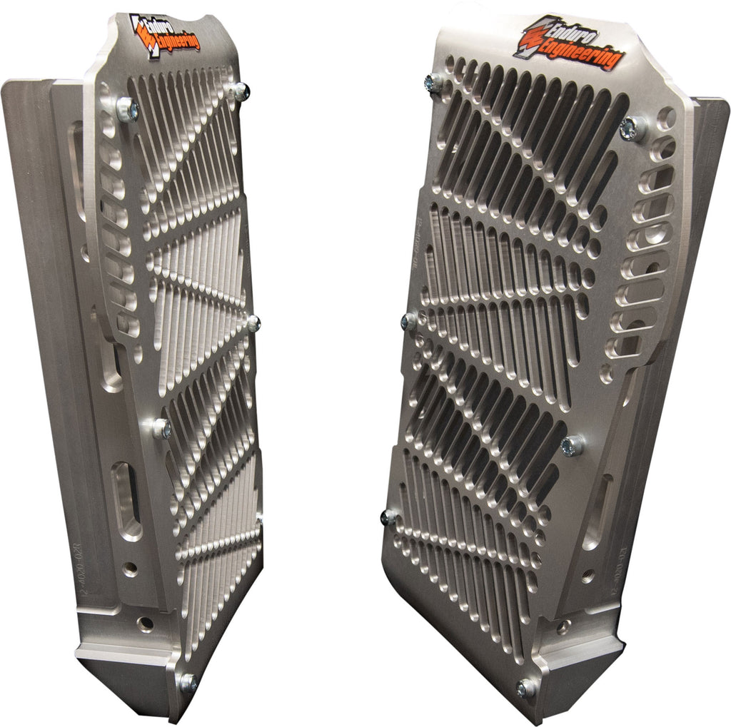 Enduro Engineering billet radiator guard for Beta motorcycles, durable metal protection with intricate design.