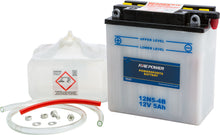 Load image into Gallery viewer, Fire Power 12V battery with acid, model 12N5-4B, showing the battery with terminals and acid-filled case.