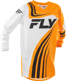 Fly Racing Youth F-16 jersey in yellow, white, and black, featuring sporty design and breathable fabric for motocross or racing.