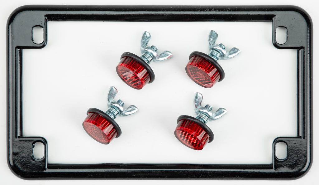 Black Chris Products license plate frame with four red reflectors for enhanced visibility and style on vehicle rear.