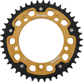 Supersprox rear stealth aluminum and steel 42-tooth sprocket for Suzuki GSX-R750 motorcycle, gold finish with detailed teeth design.