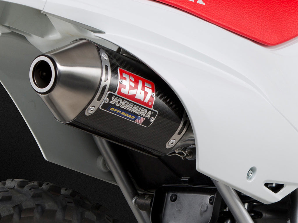 Yoshimura RS-2 exhaust header, canister, and end cap system in stainless steel, showing polished metal components and branding.