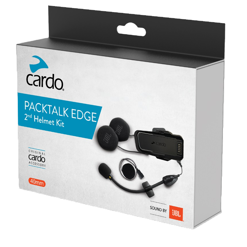 Cardo Systems Packtalk Edge 2nd helmet communication kit with speakers and microphone for motorcycle helmets.