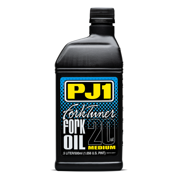 PJ1 Products Fork Tuner Oil 20w 0.5L bottle, motorcycle fork oil with clear labeling and black cap, for suspension tuning.