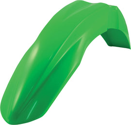 Acerbis green front fender for motorcycle, featuring a sleek curved design and mounting points, in a vibrant green color.