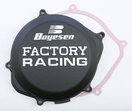 Boyesen Factory Racing Clutch Cover in black, designed for motorcycles, shown in a close-up image highlighting its durable construction.