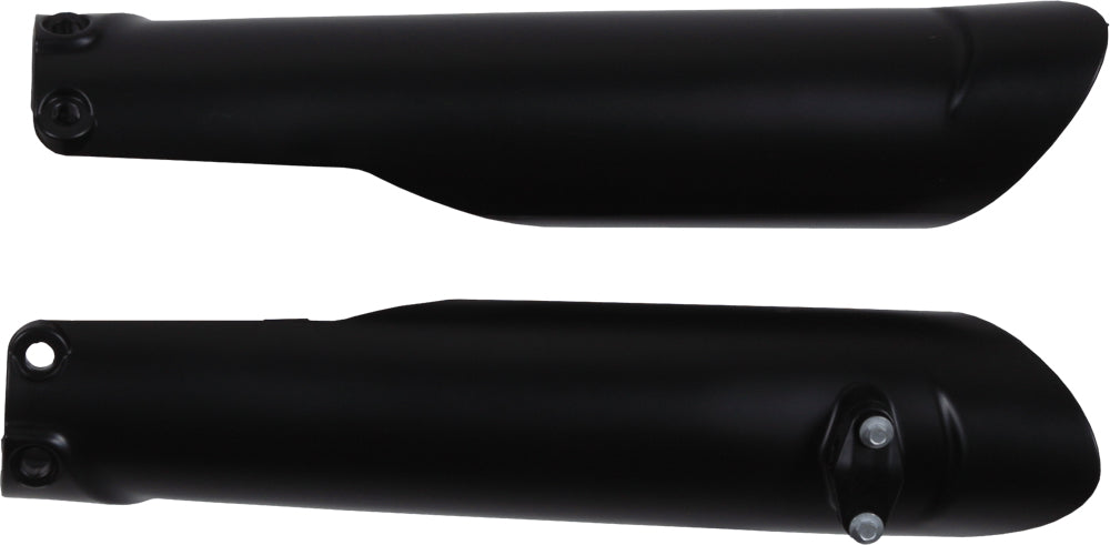 Polisport Plastics Fork Guards in black for motorcycle front suspension, model 64-0004, shown on a body image.