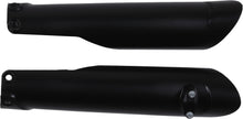 Load image into Gallery viewer, Polisport Plastics Fork Guards in black for motorcycle front suspension, model 64-0004, shown on a body image.