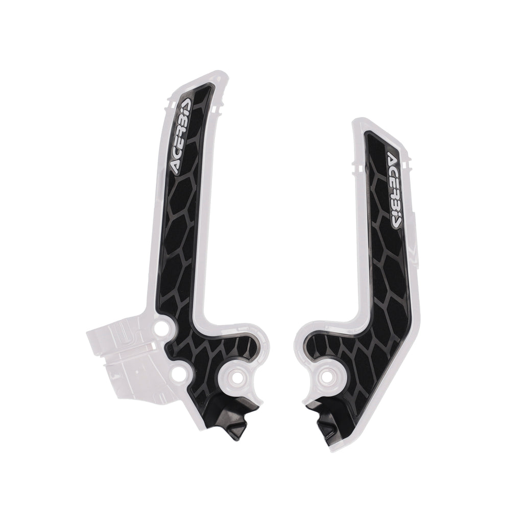 Acerbis Hus White/Black frame guards for motorcycles, showing durable protective material and sleek design on a white and black background.