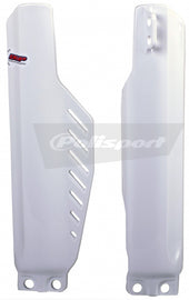 Polisport Plastics white fork guards for motorcycle, showing the sleek plastic body design and fitment details.