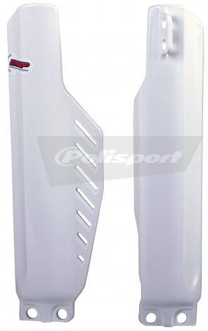 Polisport Plastics white fork guards for motorcycle front suspension, showing sleek, durable plastic body with mounting details.