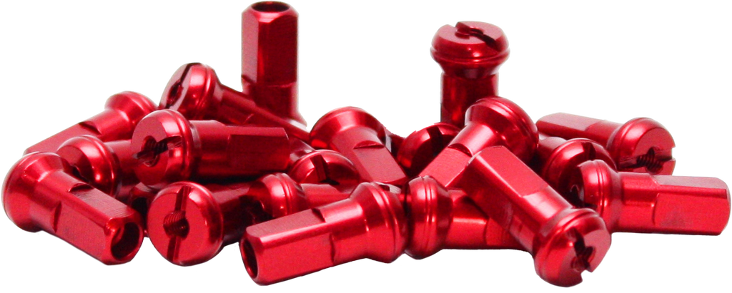 Red Dubya spoke nipples for Honda CRF250, featuring durable construction and precise fit for motorcycle wheel spokes.