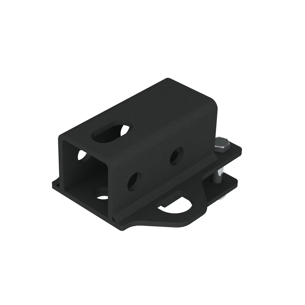 Black Kolpin ATV 2-inch receiver hitch attached to an ATV, showing a sturdy metal construction and mounting point for accessories.