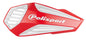 Polisport Plastics MX air handguards in red and white mounted on motorcycle handlebars for off-road riding protection.