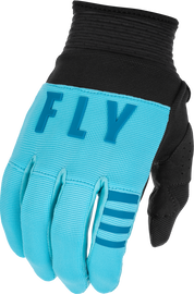 Fly Racing F-16 gloves in aqua, dark teal, and black, featuring protective padding and a secure fit for motocross riding.