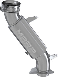 MBRP Exhaust race silencer with polished metal finish, showcasing its sleek, high-performance exhaust design.