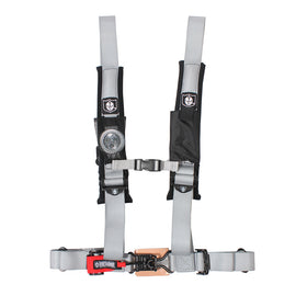 Pro Armor 4-point harness with sewn-in pads in silver, featuring adjustable straps and secure buckles for safety.