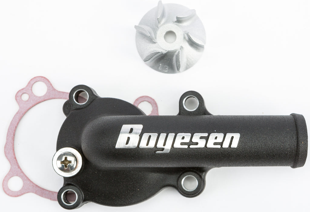 Boyesen black water pump cover and impeller kit for street motorcycles, showing the black metal cover and impeller components.