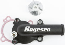 Load image into Gallery viewer, Boyesen black water pump cover and impeller kit for street motorcycles, showing the black metal cover and impeller components.