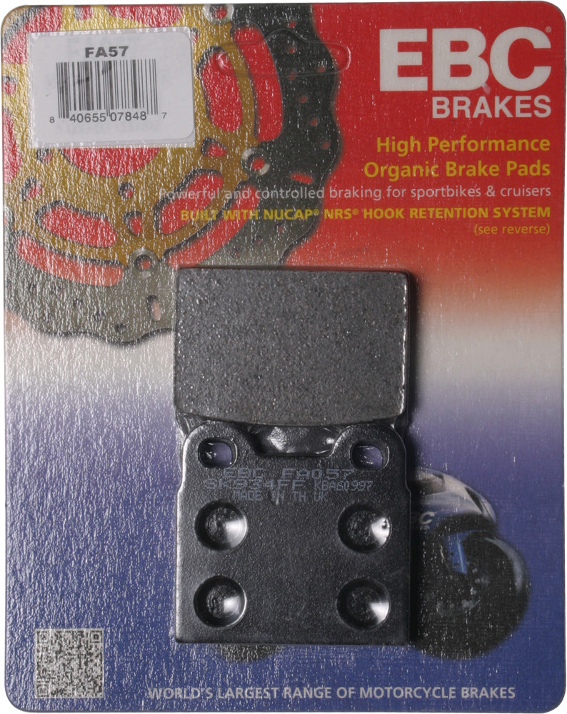 EBC Motorcycle Brakes Fa57 Organic brake pads with metal backing, showing the brake pad's surface and organic material.