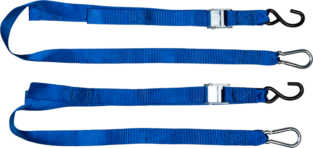 Blue Fire Power 1.5-inch x 6-foot soft-tie tie-down straps, shown in a close-up image with secure hooks and durable fabric.
