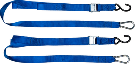 Blue Fire Power 1.5-inch x 6-foot soft-tie tie-down straps, shown in a close-up image with secure hooks and durable fabric.