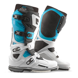 Gaerne Sg22 motorcycle boots in white, black, and light blue with ankle support and durable construction, size 8.