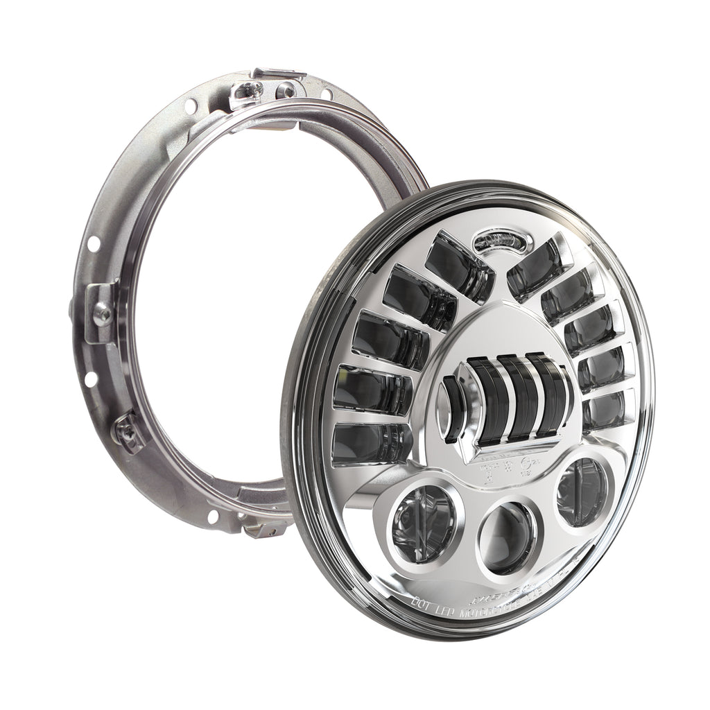 JW Speaker 8790A2 adaptive headlight bezel with 7-inch chrome mount ring, designed for illumination and vehicle lighting upgrades.