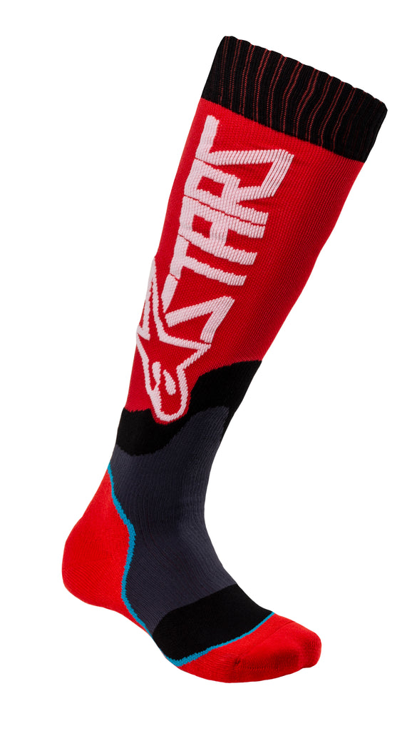 Alpine Star MX Plus-2 red and white motorcycle socks in small size with logo and reinforced sole, designed for motocross riding comfort.
