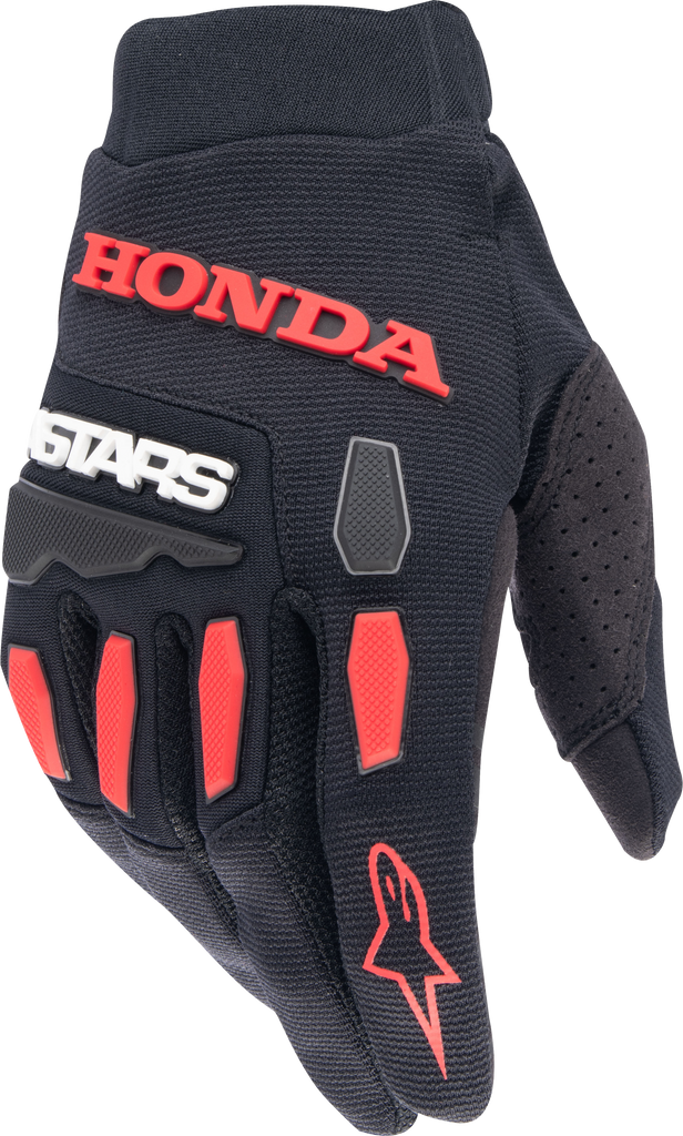 Black and bright red Alpine Star Honda Full Bore gloves with protective padding and adjustable wrist closure.