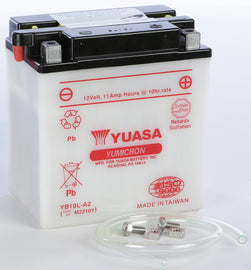 Yuasa YB10L-A2 conventional motorcycle battery with positive and negative terminals visible and battery case.
