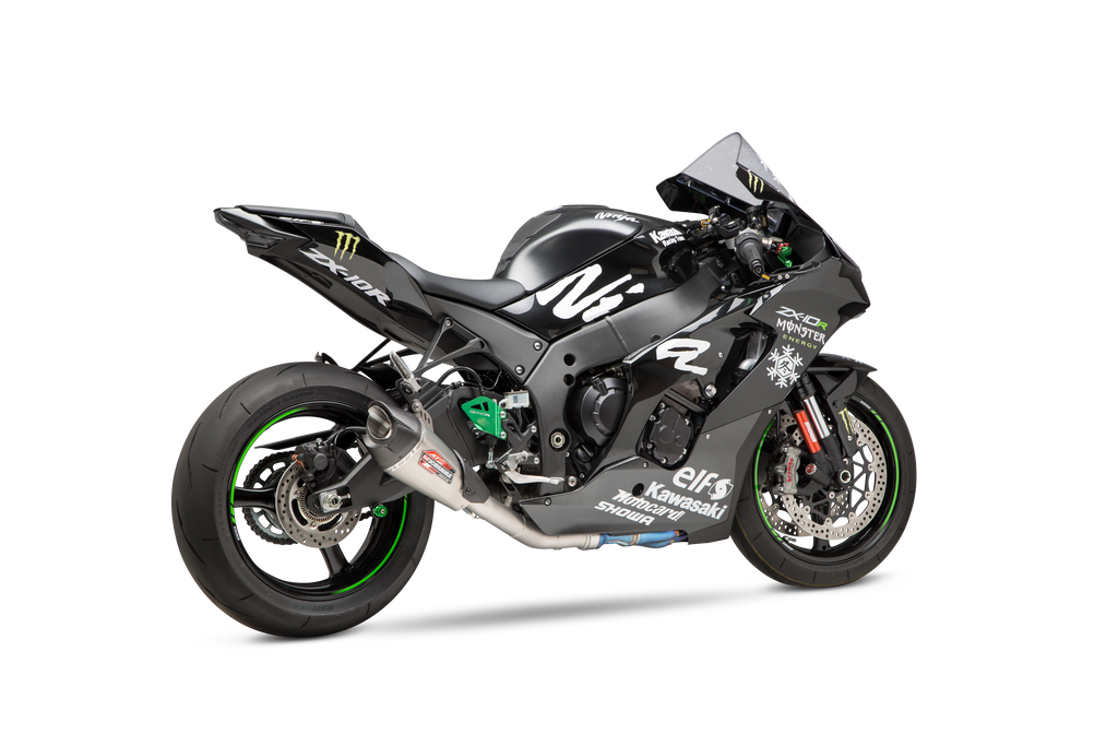 Yoshimura Exhaust Race At2 3/4 System in stainless steel and carbon fiber for Kawasaki motorcycle, shown with polished finish.