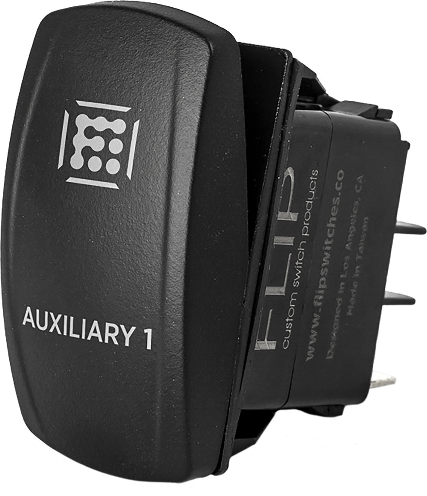 FLIP Switch Products Proline Rocker Switch Aux2 Pro Series backlit switch with illuminated toggle and durable plastic housing.