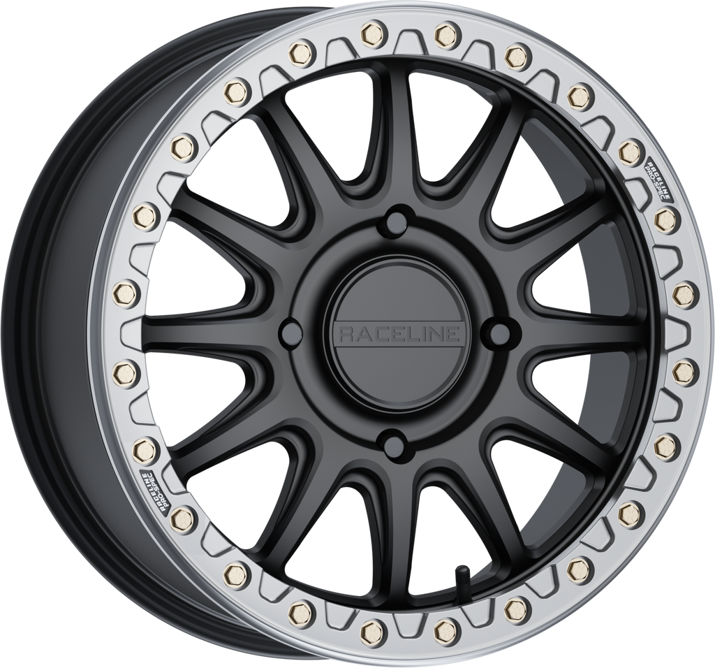 Raceline Alpha Bdlk 17x7 black and gunmetal alloy wheel for Can-Am Maverick with 4/137 bolt pattern and +40mm offset.