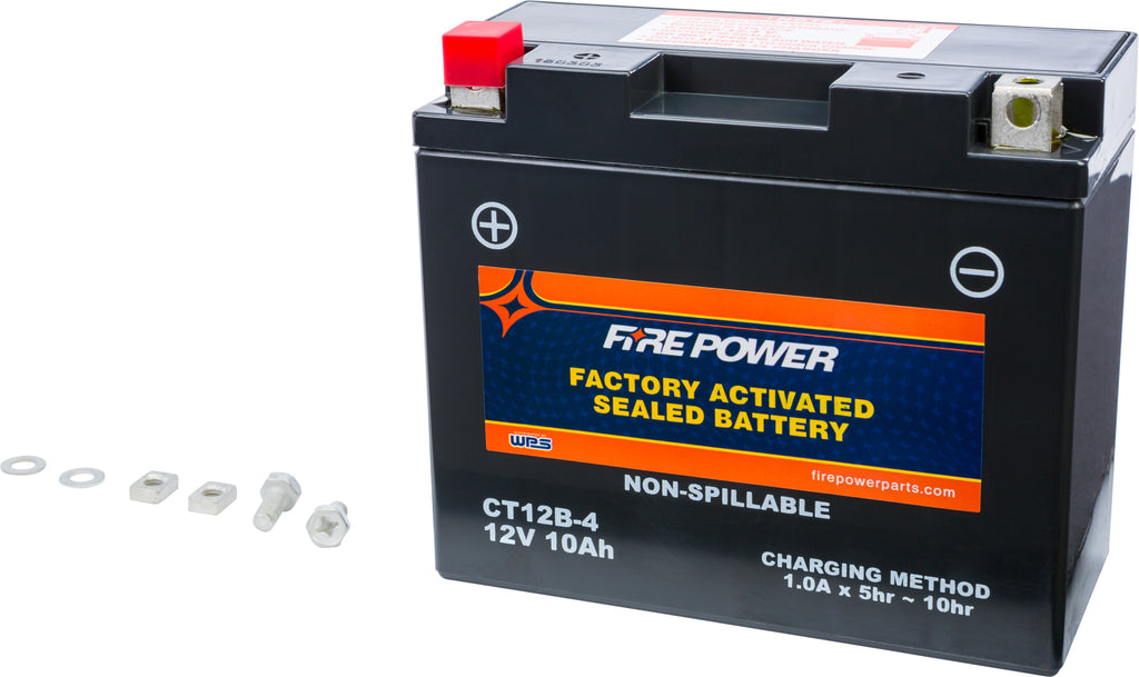 Fire Power CT12B-4 sealed lead-acid battery, factory activated, with terminals visible and brand labeling on the battery.