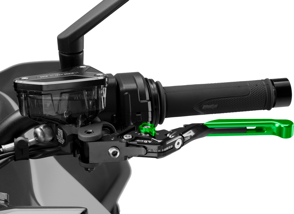 PUIG Clutch Lever 4.0 Fold/Extend in green, motorcycle clutch lever with adjustable feature and ergonomic design.