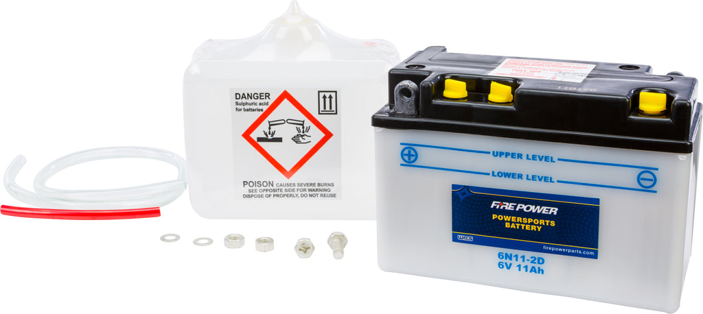 Fire Power 6V battery with acid, model 6N11-2D, designed for reliable power supply and durability.