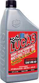 LUCAS Synthetic Hp Oil 0W40 4T quart bottle, automotive lubricant, with label visible, suitable for motorcycle engines